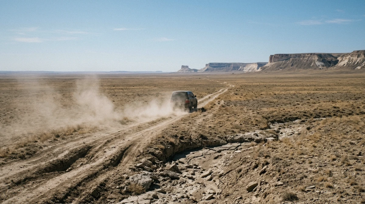 A faint dirt track disappearing across open steppe in Mangystau, the kind of unmapped route a self-drive trip has to navigate
